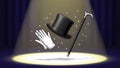 Magicians Top Hat Cane and Gloves Floating on Stage with Sparkles Royalty Free Stock Photo