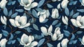 magine block print style rendering half-drop repeat pattern with leaves and flowers of magnolia campaca.ai generative