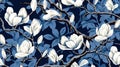 magine block print style rendering half-drop repeat pattern with leaves and flowers of magnolia campaca.ai generative