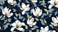 magine block print style rendering half-drop repeat pattern with leaves and flowers of magnolia campaca.ai generative