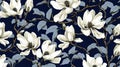 magine block print style rendering half-drop repeat pattern with leaves and flowers of magnolia campaca.ai generative