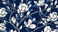 magine block print style rendering half-drop repeat pattern with leaves and flowers of magnolia campaca.ai generative