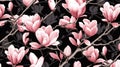 magine block print style rendering half-drop repeat pattern with leaves and flowers of magnolia campaca.ai generative