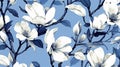 magine block print style rendering half-drop repeat pattern with leaves and flowers of magnolia campaca.ai generative