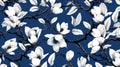 magine block print style rendering half-drop repeat pattern with leaves and flowers of magnolia campaca.ai generative