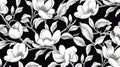 magine block print style rendering half-drop repeat pattern with leaves and flowers of magnolia campaca.ai generative