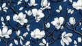 magine block print style rendering half-drop repeat pattern with leaves and flowers of magnolia campaca.ai generative