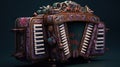 magine an ethereal music instrument, specifically an accordion, adorned with intricate details and ornate designs. The