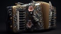 magine an ethereal music instrument, specifically an accordion, adorned with intricate details and ornate designs. The