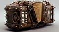 magine an ethereal music instrument, specifically an accordion, adorned with intricate details and ornate designs. The
