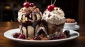 Magine an ice cream sundae, layers of vanilla, chocolate, and strawberry topped with a bright red cherry.Generative AI