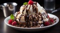 Magine an ice cream sundae, layers of vanilla, chocolate, and strawberry topped with a bright red cherry.Generative AI