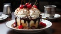 Magine an ice cream sundae, layers of vanilla, chocolate, and strawberry topped with a bright red cherry.Generative AI