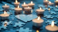 Burning candles in the shape of a heart and puzzles on a dark background