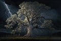 Maginficent Large American Sycamore Tree Lightning Dark Clouds Sky by Generative AI