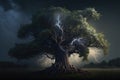 Maginficent Large Black Locust Tree Lightning Dark Clouds Sky by Generative AI