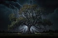 Maginficent Large Black Oak Tree Lightning Dark Clouds Sky by Generative AI