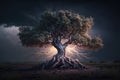 Maginficent Large Elm Tree Lightning Dark Clouds Sky by Generative AI
