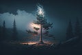 Maginficent Large Fir Tree Lightning Dark Clouds Sky by Generative AI