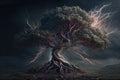 Maginficent Large Holly Tree Lightning Dark Clouds Sky by Generative AI