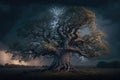 Maginficent Large Oak Tree Lightning Dark Clouds Sky by Generative AI