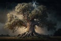 Maginficent Large Oak Tree Lightning Dark Clouds Sky by Generative AI