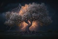 Maginficent Large Peach Tree Lightning Dark Clouds Sky by Generative AI