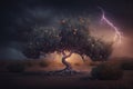 Maginficent Large Peach Tree Lightning Dark Clouds Sky by Generative AI