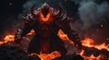 A magma lord s emerging from the depths of the earth, surrounded by flames and smoke