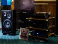 Magnat audio equipment in the dark room of the Borodino hotel at the international exhibition Hi-Fi and High End Show Royalty Free Stock Photo