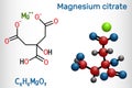 Magnesium citrate, C6H6MgO7 molecule. It is food additive E345. Structural chemical formula and molecule model Royalty Free Stock Photo