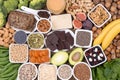 Magnesium food sources, top view on wooden background Royalty Free Stock Photo