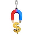 Magnet chain links gold dollar sign on a white background 3D illustration, 3D rendering