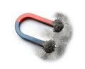 Magnet with iron powder on white background