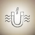 Magnet with magnetic force indication. Vector. Brush drawed black icon at light brown background. Illustration. Royalty Free Stock Photo