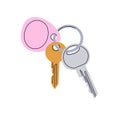 Magnet and metal door keys hanging on ring. Keyring, modern keyholder for locking, unlocking private house, accessing