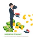 Magnet money. Business connection financial dollar magnetism vector isometric concept