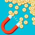 Magnet for money. Coin attraction. Loadstone icon in flat style, simple tool on color background. Vector design element for you pr