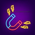 Magnet neon icon. Horseshoe magnet, magnetism. Vector stock illustration.