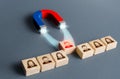 The magnet pulls a red person figure out of the row. Luring concept. Hiring best candidate. Poaching participants Royalty Free Stock Photo