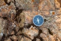 Magnetic compass with a black dial on a wild stone covered with moss. Royalty Free Stock Photo