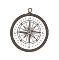 Magnetic compass hand drawn with black contour lines on white background. Tool for navigation and orientation, location