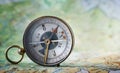 Magnetic compass on world map.Travel, geography, navigation, tou Royalty Free Stock Photo