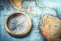 Magnetic compass on world map. Travel, geography, navigation, tou Royalty Free Stock Photo