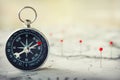 Magnetic compass on world map.Travel, geography, navigation, tourism and exploration concept background. Macro photo. Very Royalty Free Stock Photo