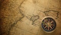 Magnetic compass on world map. Travel, geography, navigation, tourism and exploration concept background. Macro photo. Very Royalty Free Stock Photo