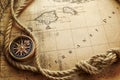 Magnetic compass on world map. Travel, geography, navigation, tourism and exploration concept background. Macro photo. Very Royalty Free Stock Photo