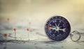 Magnetic compass on world map.Travel, geography, navigation, tourism and exploration concept background. Macro photo. Very Royalty Free Stock Photo