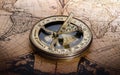 Magnetic compass on world map. Travel, geography, navigation, tourism and exploration concept background. Macro photo. Very Royalty Free Stock Photo