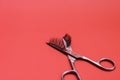 Magnetic fake artificial eyelashes on scissors. on a red background.